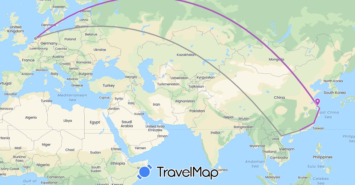 TravelMap itinerary: driving, plane, train in China, Netherlands, Vietnam (Asia, Europe)